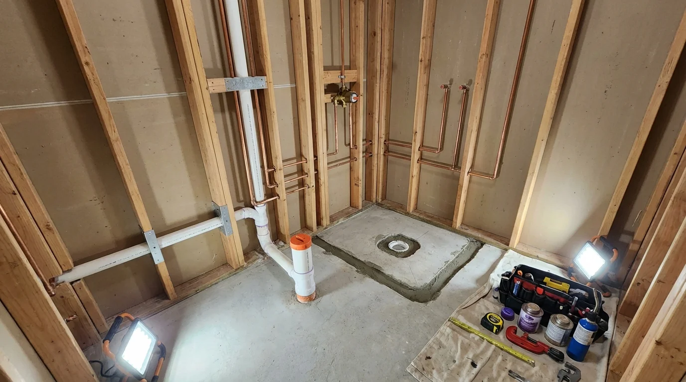 Bathroom rough-in plumbing during remodel by Johns Plumbing LLC in Point Clear