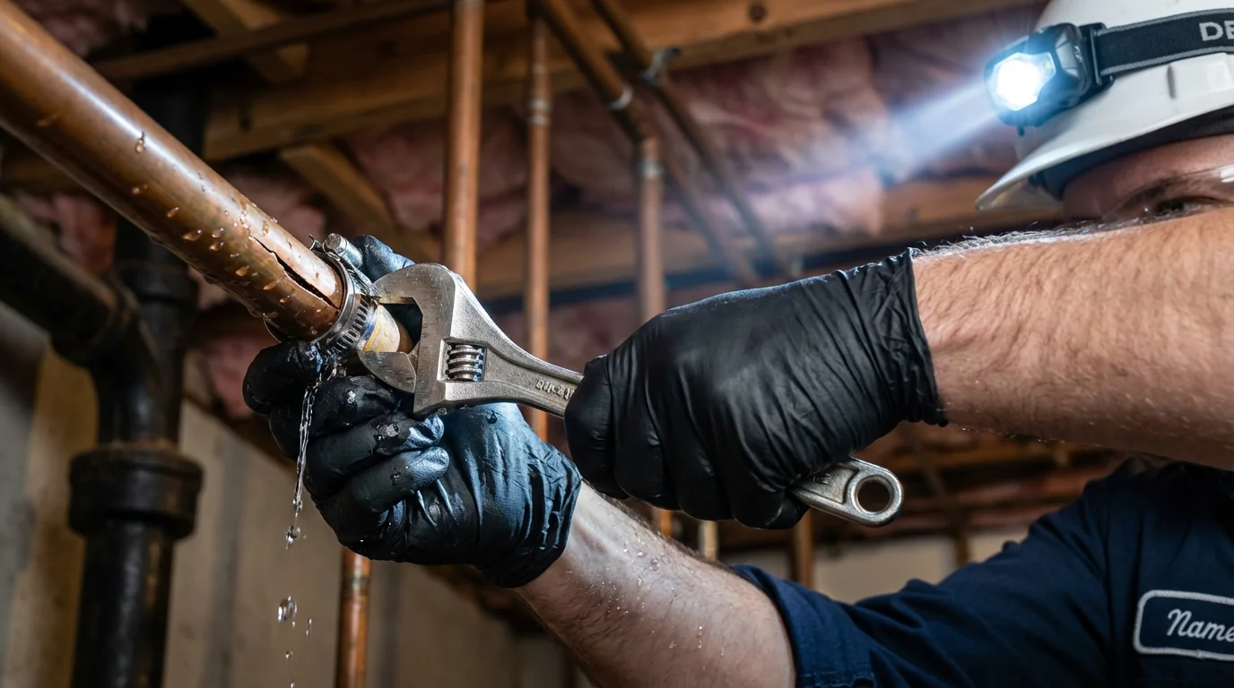 Emergency pipe clamp repair being performed by a Johns Plumbing LLC plumber in Point Clear